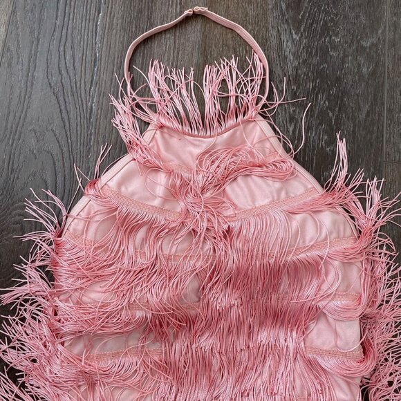 Pink Fringe Halter Bodysuit With Swirl Design Party Dancewear Soft Fabric Adjust - Picture 3 of 9